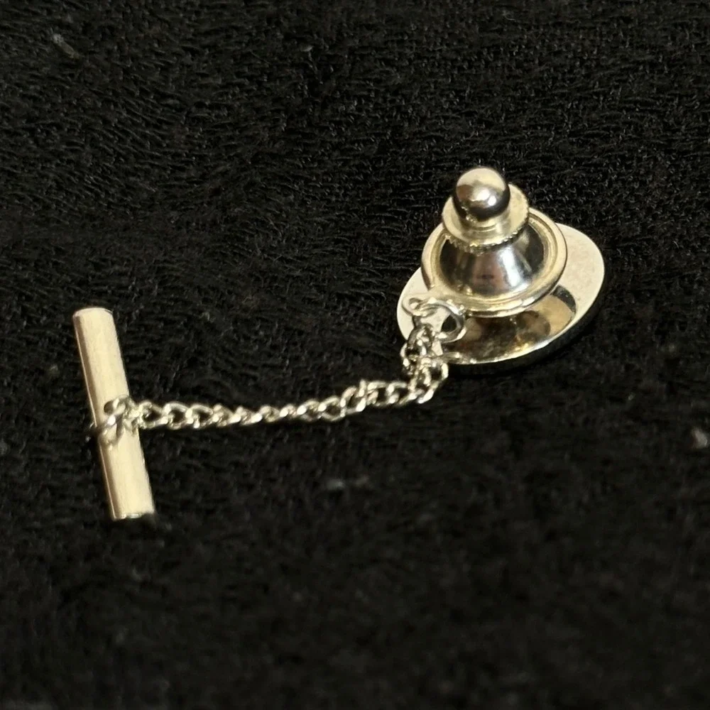 Vintage Starburst Oval‎ Bar Chain Tie Tack Mens Silver Tone Black